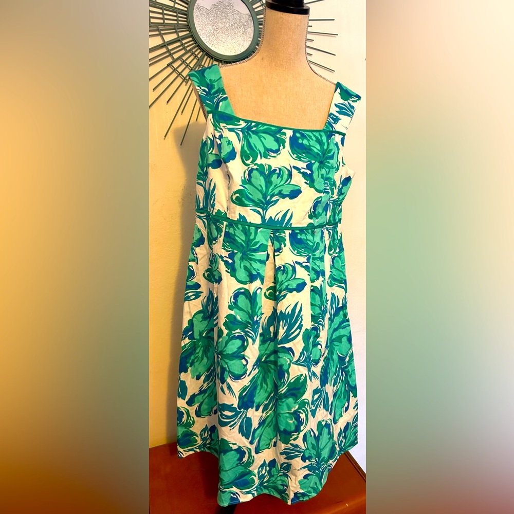 EUC Le Bos dress in a tropical design of blue &green Sleeveless and midi length